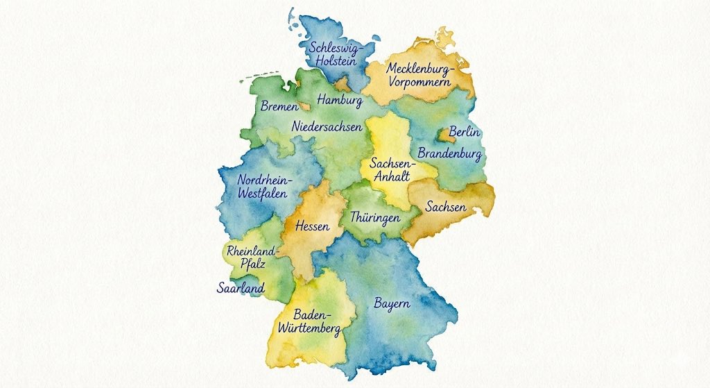 Watercolor map of Germany with labeled states Generate a map of Germany in watercolor style, on which all federal states are labeled in ballpoint pen.